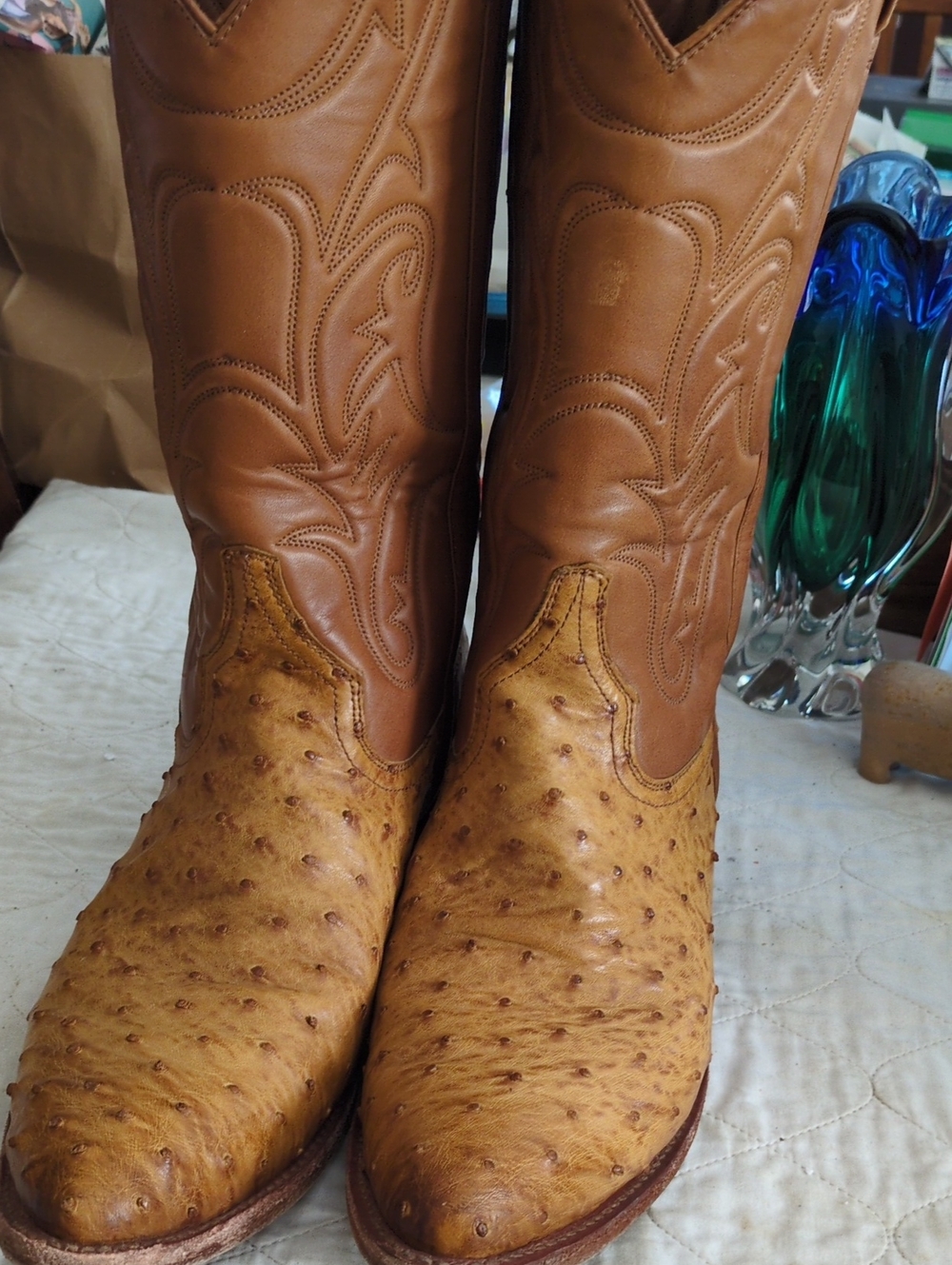 FRYE AND CO. Distinctive Tan Full Quill Ostrich-Print Western Boots